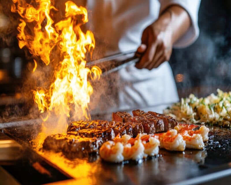 Professional hibachi chef at work
